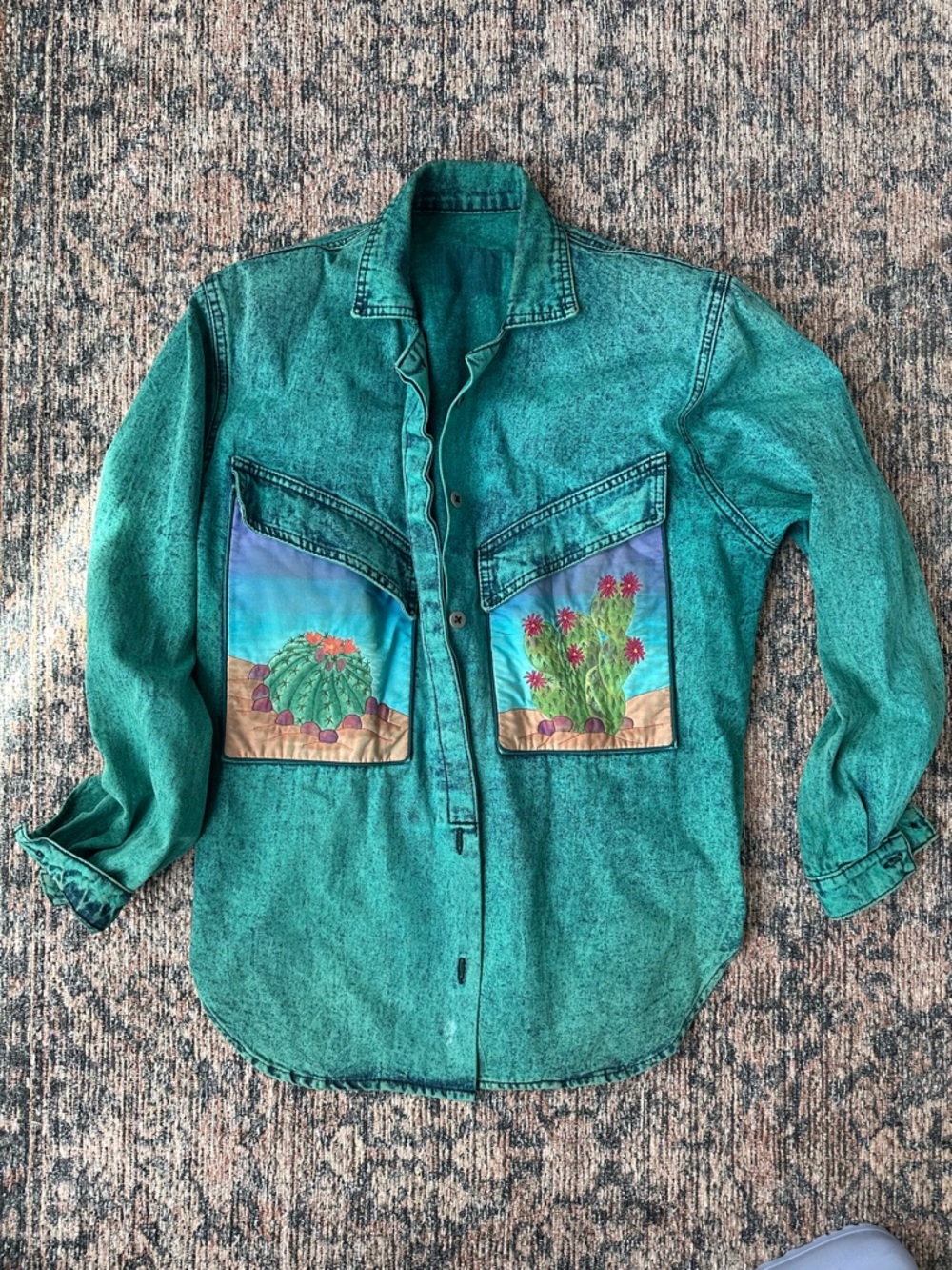Teal Acid-Wash vintage 80s/90s Button-Up Shirt with appliqué Cactus Arizona like